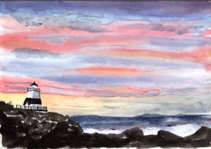 Margaretsville Lighthouse at Sunset, watercolour, 10x7"
