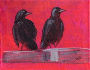 Red Alert, acrylic on canvas, 11x14, crows