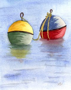 Playing with the Buoys, watercolour on panel, 8x10"